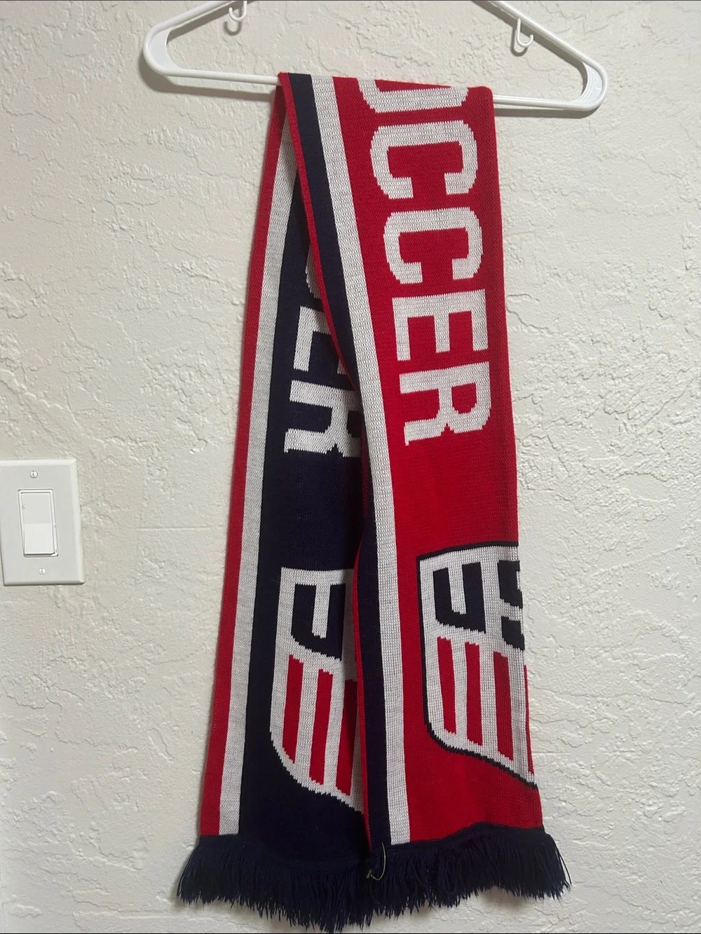 Men's Red and Navy Knit Scarf with White Accents
